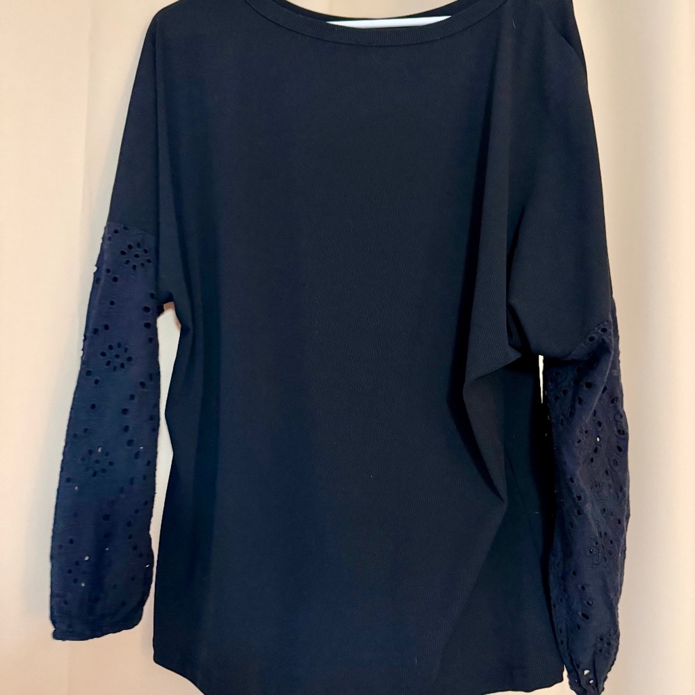 Black Long Sleeve Top – Soft with Eyelet Sleeves, Relaxed Fit